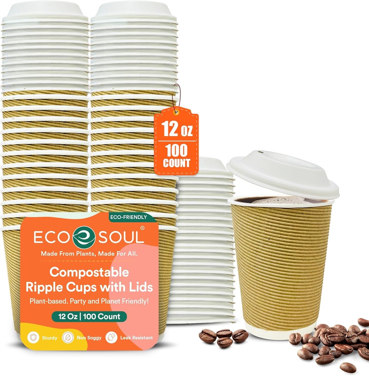 Compostable Ripple Paper Cups (100 Pack) With Lids – Biodegradable Paper Cups, Non-Toxic Disposable Cups For Hot Drinks, To-Go Coffee Cups, Eco-Friendly